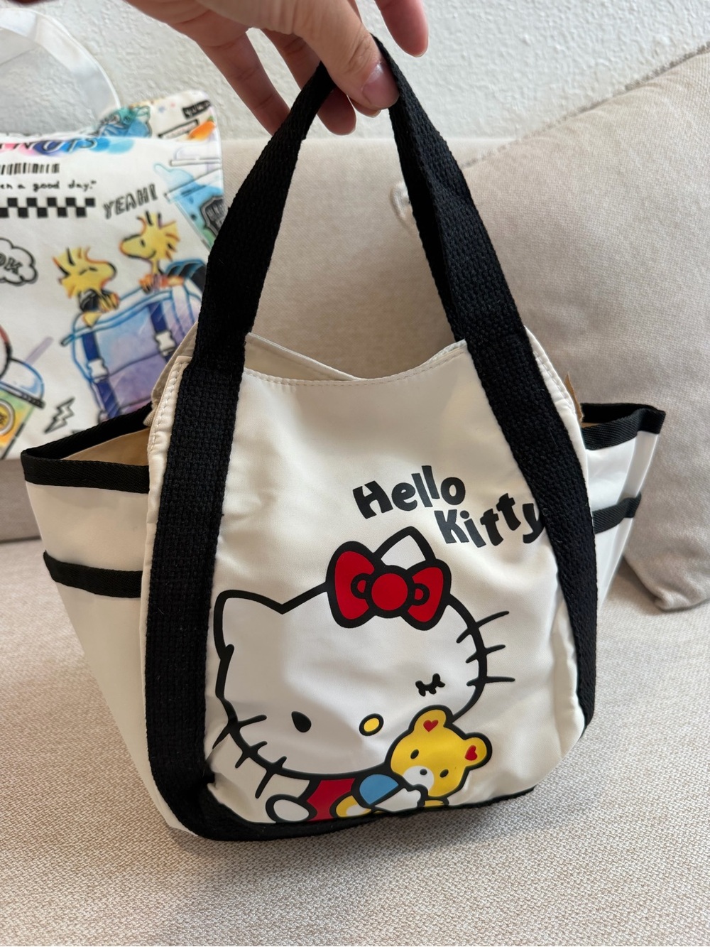 Hello Kitty Cream Tote with Black Handles and Red Bow
